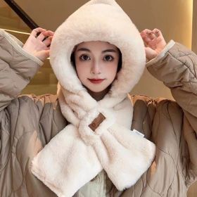 Cycling Cold Protection Ear Protection Fleece-lined Warm Hat All-match Scarf (Option: Leather Tag Plush Bonnet Beige-Free Size)
