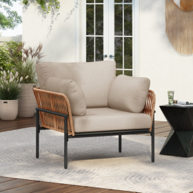 36 Beige Iron Lounge Chair With Rope Weave Design And Plush Cushions, Perfect For Indoor And Outdoor Relaxation (Option: BeigeNatural)
