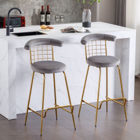 Bar Stool Set of 2, Luxury Velvet High Bar Stool with Metal Legs and Soft Back (Color: grey)