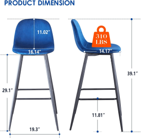 Bar Stools Set of 2, 30 Inches Velvet Barstool Modern Counter Bar Height Chair with Back, Sturdy Metal Legs & Footrests, Easy Assembly (Color: as Pic)