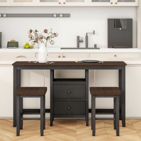 Farmhouse Rustic 3-piece Counter Height Wood Dining Table Set with Cabinet,2 Storage Drawers and 2 Stools for Small Places (Color: Cherry, Material: Solid Wood)