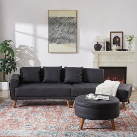 107" Contemporary Sofa Stylish Sofa Couch with a Round Storage Ottoman and Three Removable Pillows for Living Room (Color: Black, Material: PU)