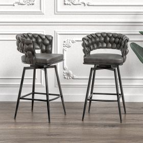28" Technical Leather Woven Bar Stool Set of 2,Black legs Barstools No Adjustable Kitchen Island Chairs (Color: as Pic)