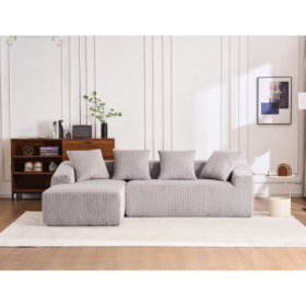 LY-023 WHITE COMPRESSION SOFA Combining Chaise Longue With 3-seater, Corduroy Fabric, Full Sponge Compression Sofa,combined Sofa With 4 Pillows For Li (Color: LIGHT GREY)