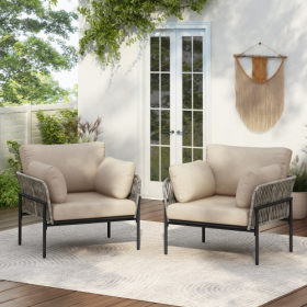 Set Of 2 36 Beige Iron Lounge Chair With Rope Weave Design And Plush Cushions, Perfect For Indoor And Outdoor Relaxation (Option: BeigeGrey)