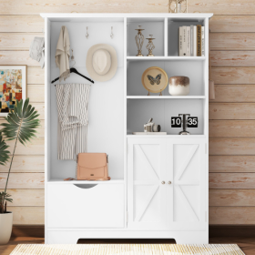 Multi-functional Hall Tree With Storage Shelves Drawers And Cabinet, Elegant Hallway Shoe Cabinet With Bench, Modern Coat Rack With Hooks For Hallway (Option: Soft White)