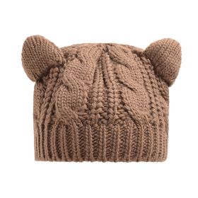Hand Made 3D Cute Knitted Cat Ear Beanie For Winter (Color: Khaki)