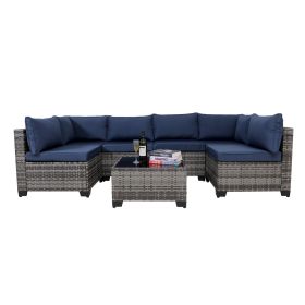 7 Pieces Outdoor Rattan Patio Sectional Set, Black Wicker Furniture Conversation Sets With Washable Cushions & Glass Coffee Table For Garden, Poolside (Option: Grey Blue)