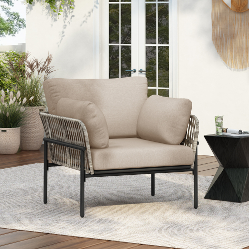 36 Beige Iron Lounge Chair With Rope Weave Design And Plush Cushions, Perfect For Indoor And Outdoor Relaxation